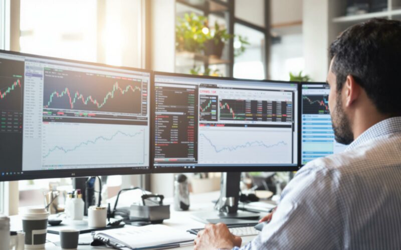 Man analyzing stock market data on multiple screens