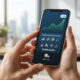 Mains tenant un smartphone affichant une application d'investissement avec un graphique de croissance et 10 000 actifs.