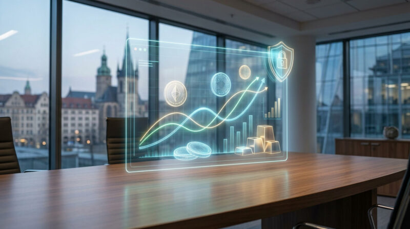 Interface holographique numérique affichant des graphiques crypto et un bouclier de sécurité sur une table de réunion.