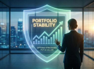 Une femme d'affaires regarde un hologramme en forme de bouclier affichant un graphique de croissance boursière.