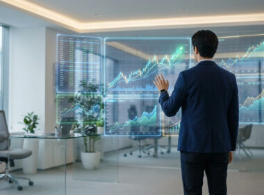 Un trader en costume analyse des graphiques boursiers en temps réel sur une interface numérique holographique futuriste.
