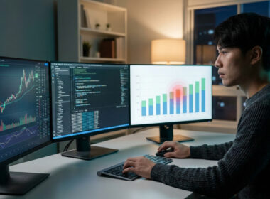 Un jeune trader travaillant sur trois écrans affichant du code et des graphiques financiers dans un bureau sombre.