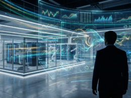 Homme en costume observant des écrans de données financières holographiques dans un centre technologique automatisé.