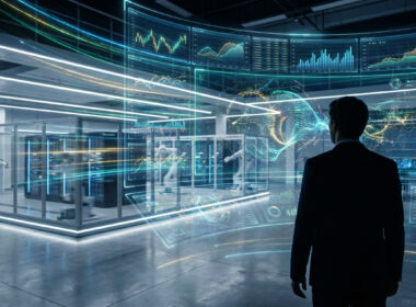Homme en costume observant des écrans de données financières holographiques dans un centre technologique automatisé.