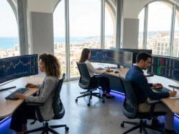 Trois traders professionnels travaillant sur des écrans incurvés face à une vue panoramique sur la mer à Nice.