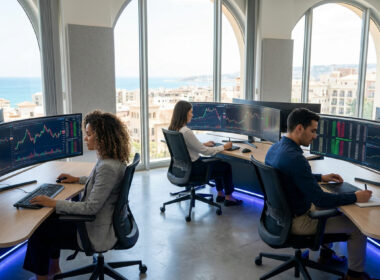 Trois traders professionnels travaillant sur des écrans incurvés face à une vue panoramique sur la mer à Nice.
