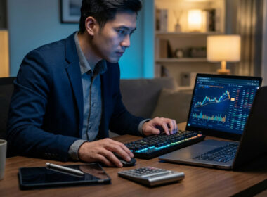 Un trader professionnel concentré analyse des graphiques boursiers sur son ordinateur dans un bureau sombre.