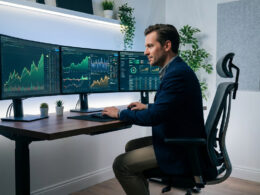 Un trader professionnel analysant des graphiques financiers sur trois écrans dans un bureau moderne et élégant.