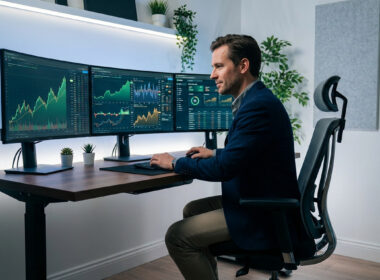 Un trader professionnel analysant des graphiques financiers sur trois écrans dans un bureau moderne et élégant.