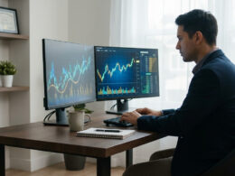 Un trader professionnel analysant des graphiques boursiers sur deux écrans dans un bureau moderne.